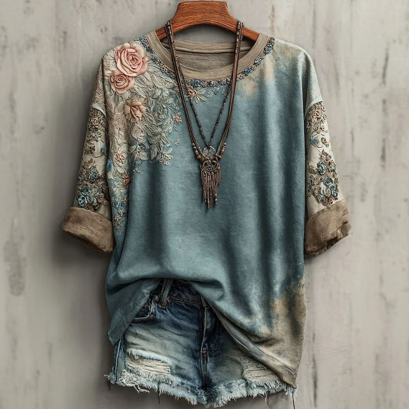 【Lange Mouwen】Vintage T-Shirt Met Bloemenprint