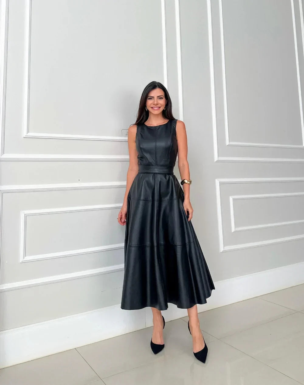 Venetia – Faux Leather Midi Dress