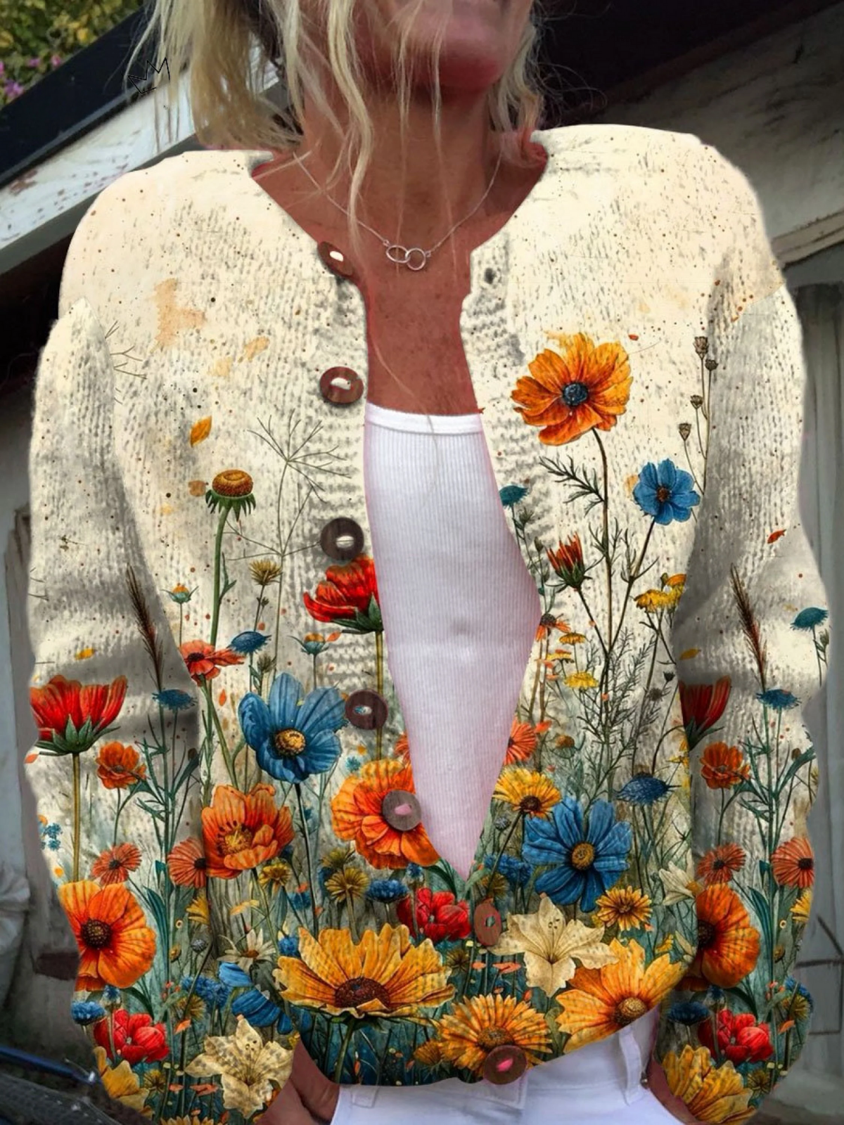 Vintage Flower Art Print Buttoned Cardigan Sweater