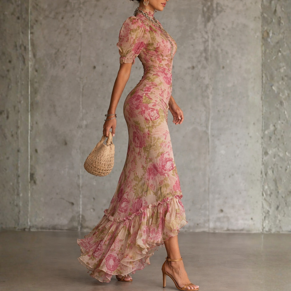 Elowen | Vintage Rose Puff Sleeve Ruffle Maxi Dress