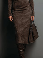 Sienna – Midi Suede Dress with High Neck & Long Sleeves