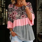 Casual T-Shirt Met Strepen En Bloemenprint