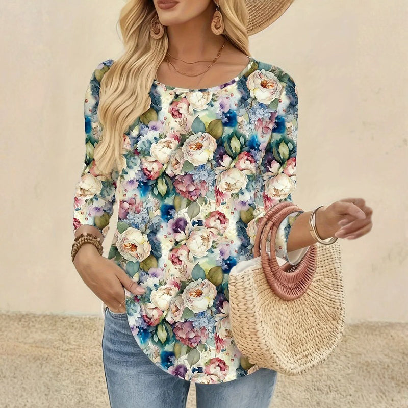 【Lange Mouwen】Vintage T-Shirt Met Bloemenprint