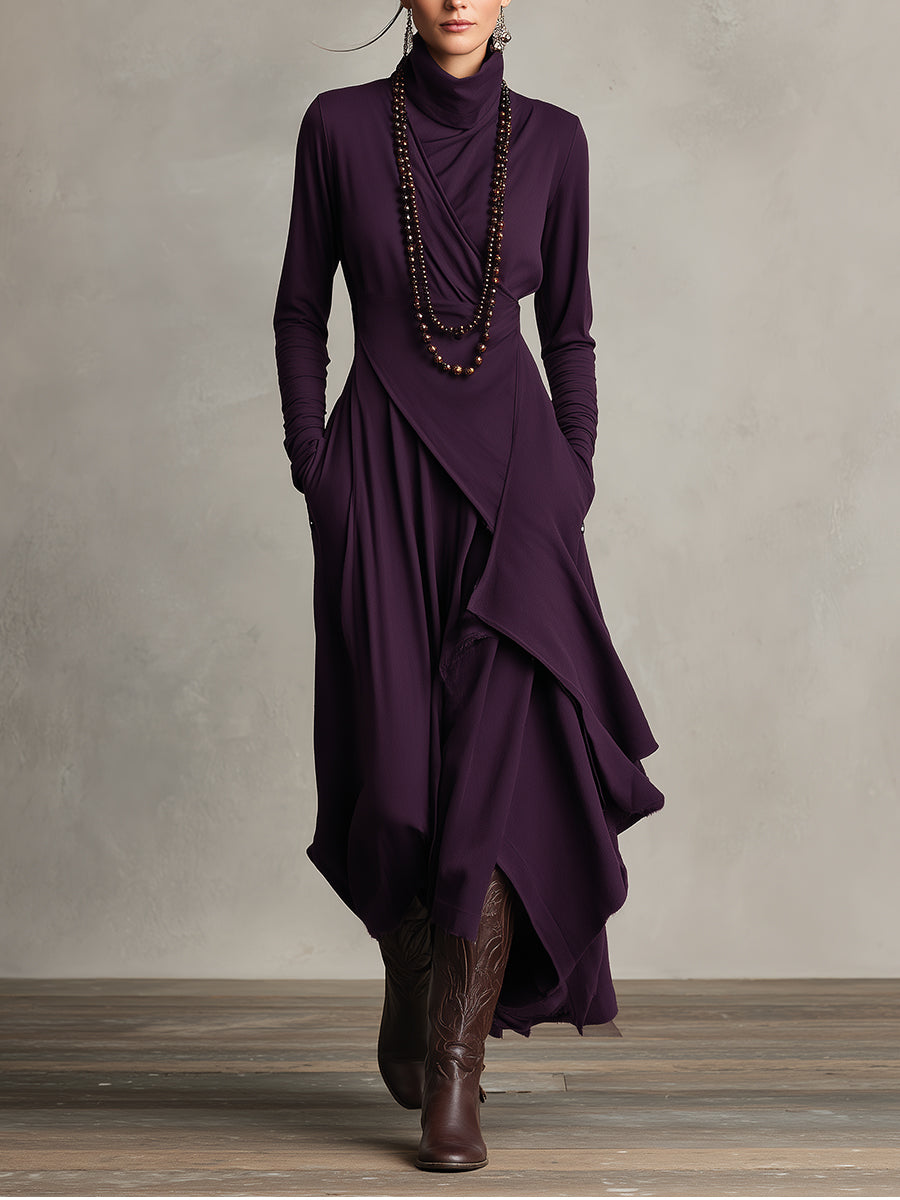 Natalia – Asymmetric Maxi Knit Dress with Turtleneck