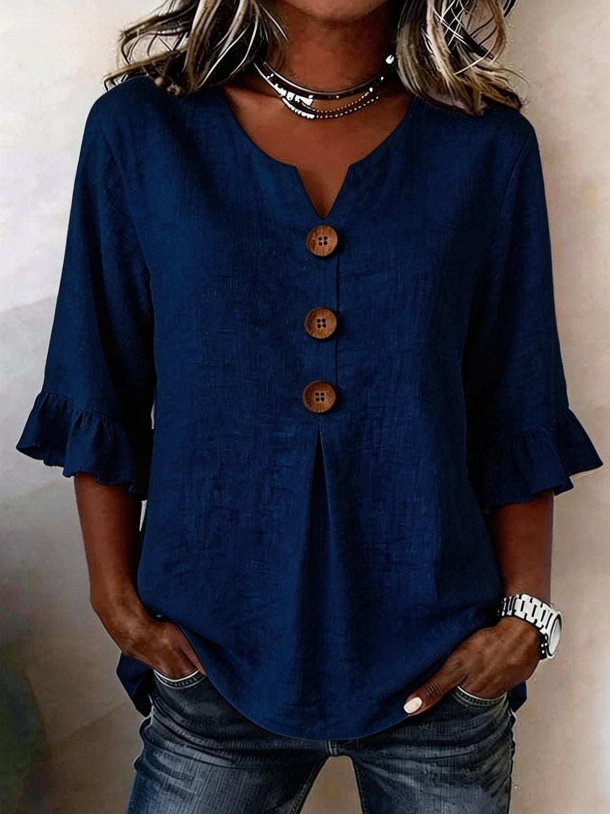 Women’s Button-Front Ruffle-Sleeve Blouse