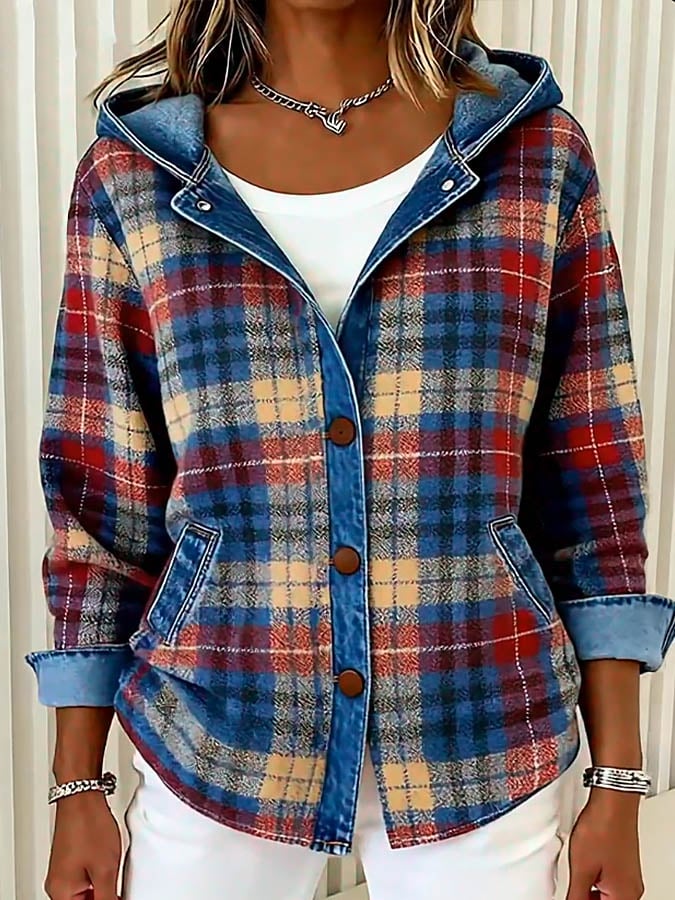 Briella – Contrast Check Hooded Denim Jacket