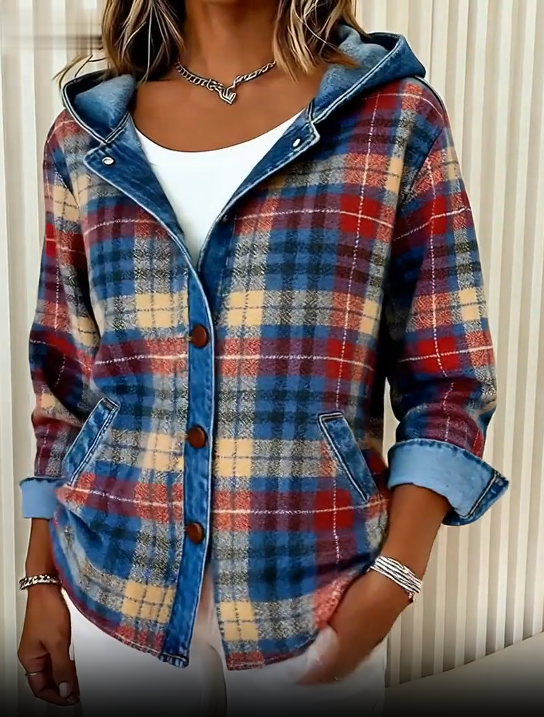 Briella – Contrast Check Hooded Denim Jacket