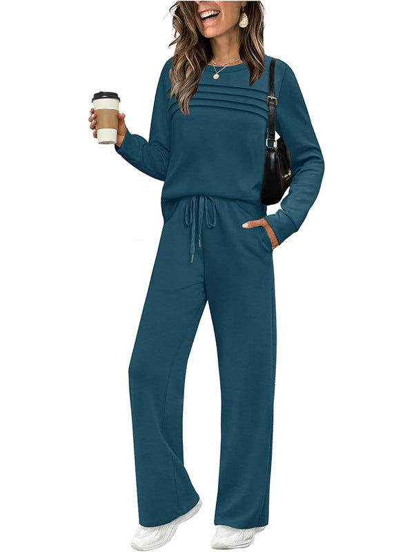 Casual Crew Neck Top & Drawstring Pants Set