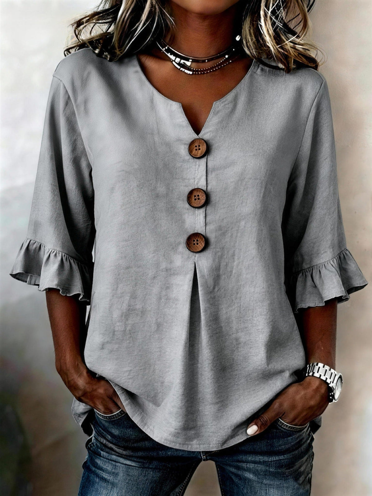 Women’s Button-Front Ruffle-Sleeve Blouse