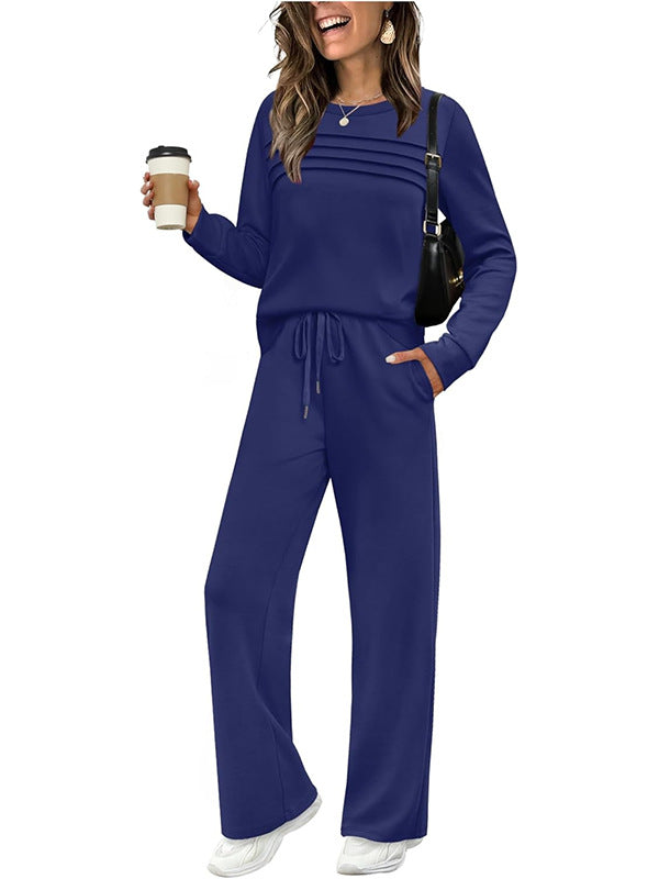 Casual Crew Neck Top & Drawstring Pants Set