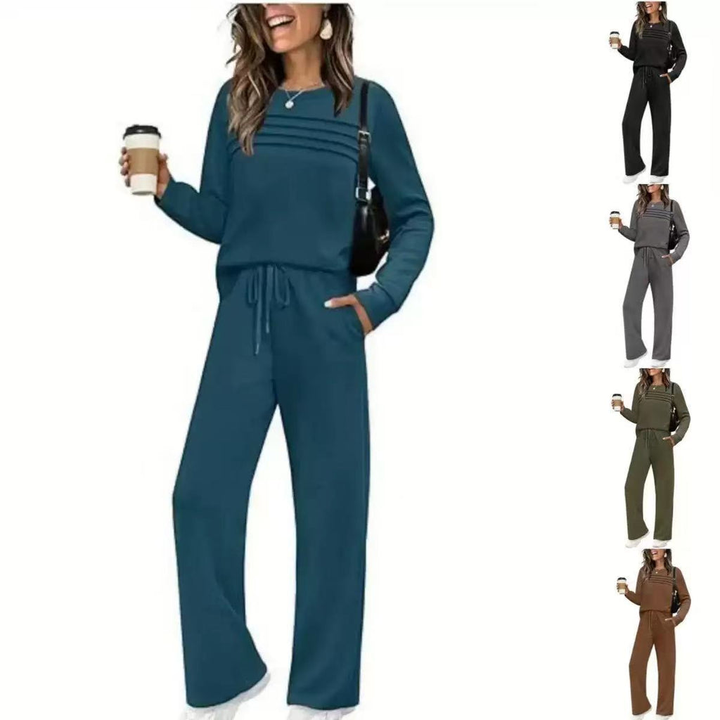 Casual Crew Neck Top & Drawstring Pants Set
