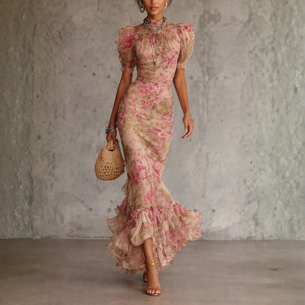 Elowen | Vintage Rose Puff Sleeve Ruffle Maxi Dress