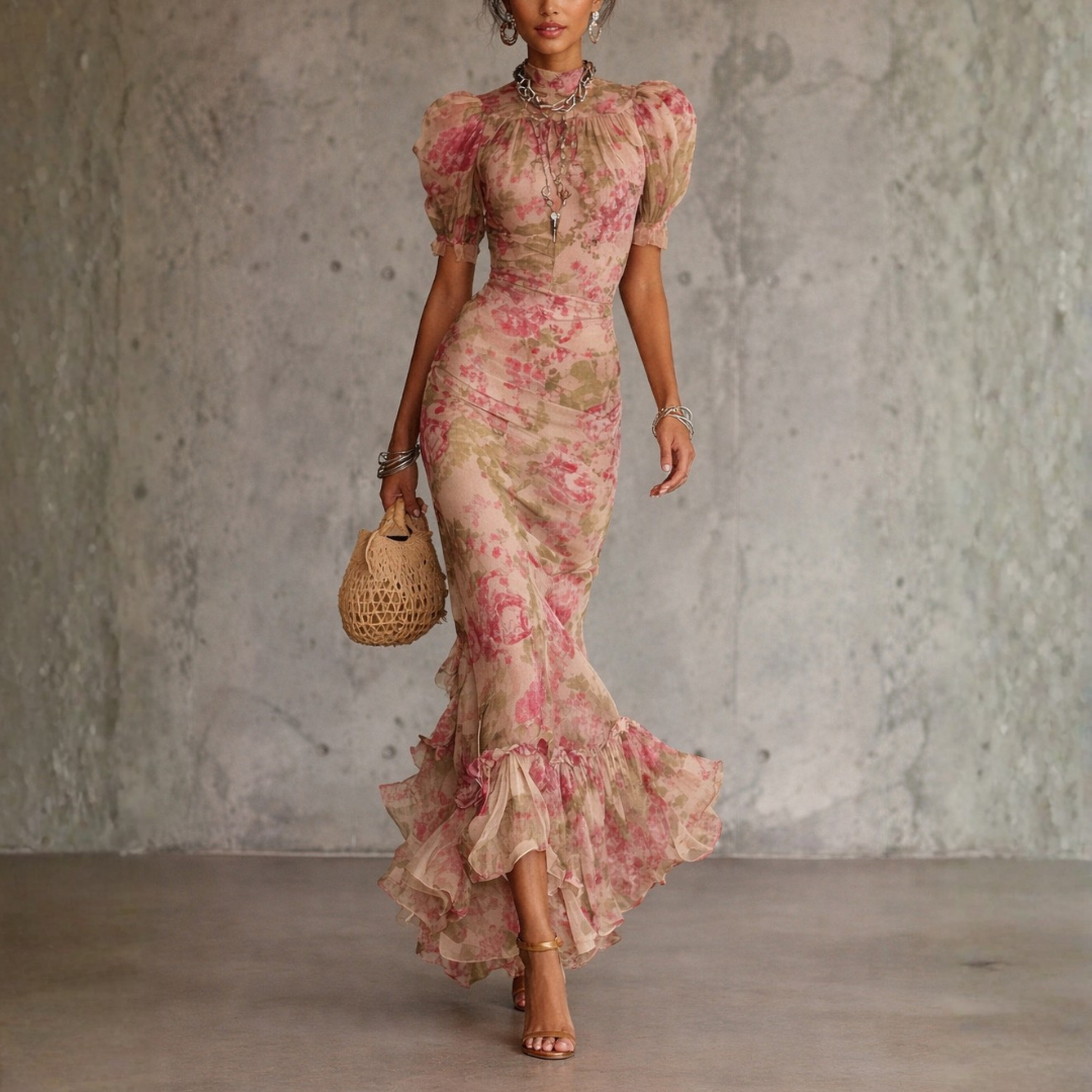 Elowen | Vintage Rose Puff Sleeve Ruffle Maxi Dress