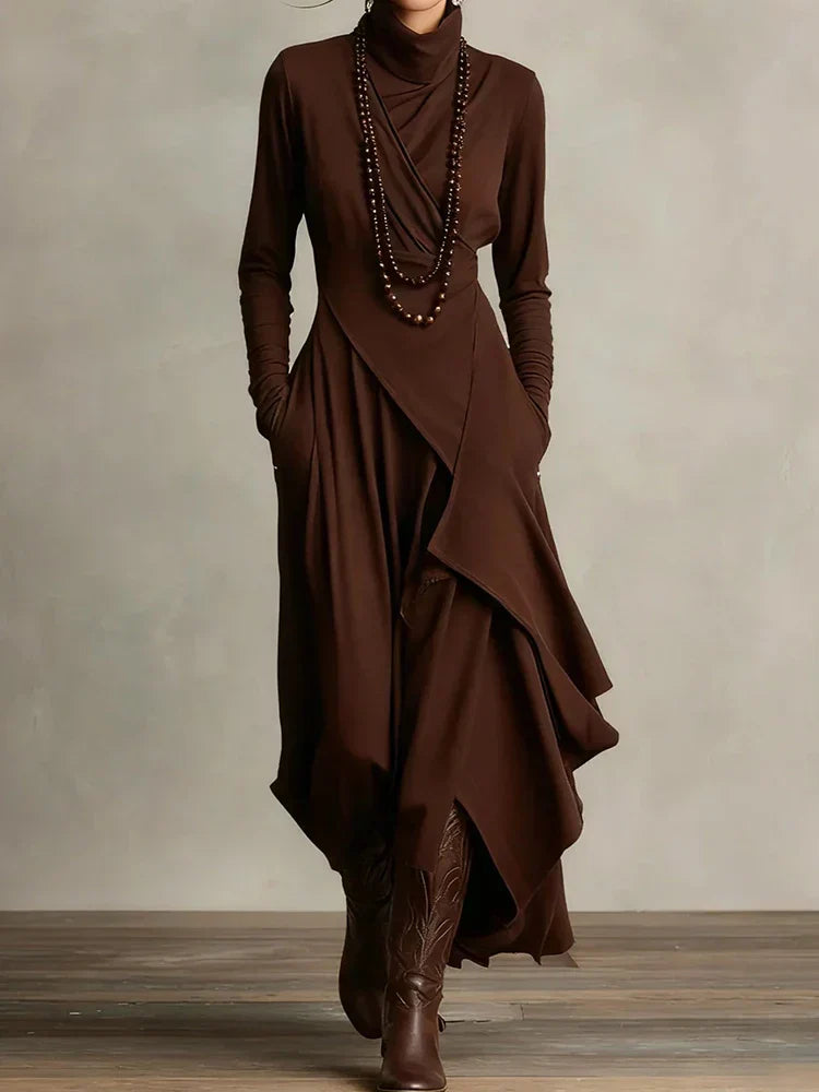 Natalia – Asymmetric Maxi Knit Dress with Turtleneck