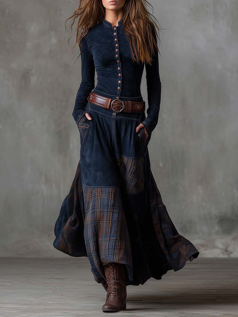 Keeva - Navy Suede Maxi Dress with Belt