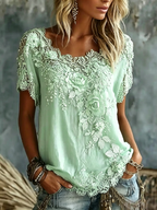 Women's Vintage Rose Floral Art Casual Cotton Linen Short-sleeved T-shirt