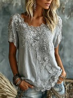 Women's Vintage Rose Floral Art Casual Cotton Linen Short-sleeved T-shirt