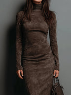 Sienna – Midi Suede Dress with High Neck & Long Sleeves