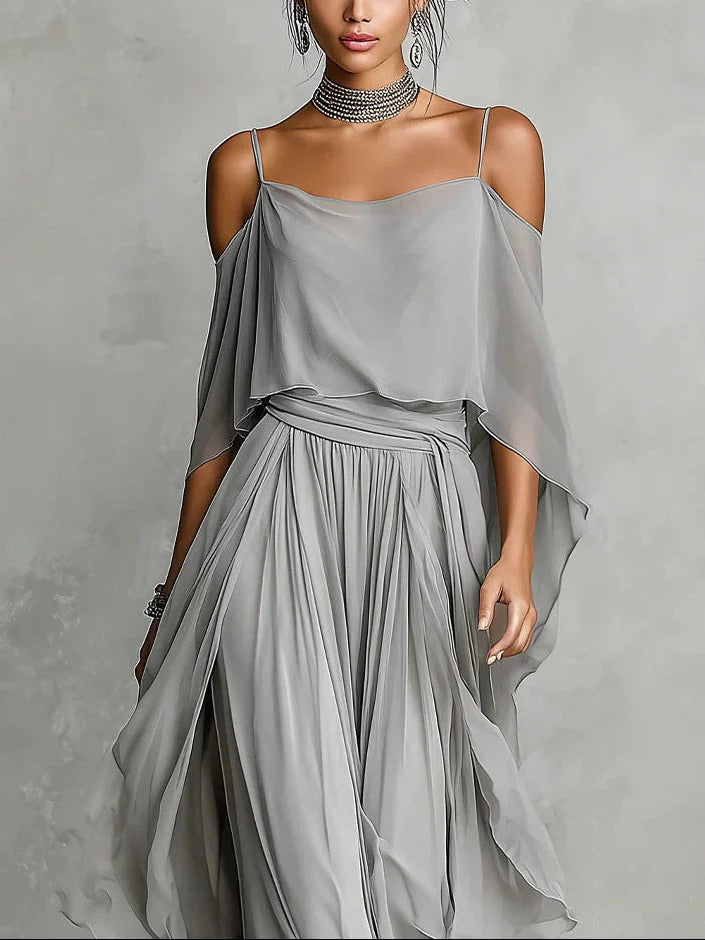Eadith | Cold Shoulder Chiffon Draped Maxi Dress