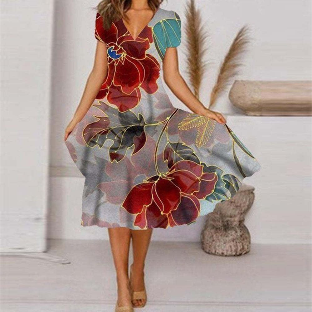 Flowing Patterned V-Neck Dress