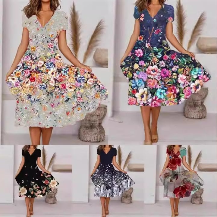 Flowing Patterned V-Neck Dress