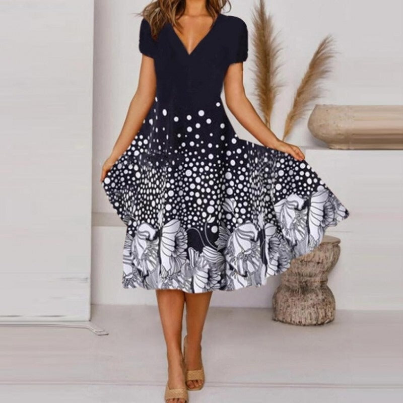 Flowing Patterned V-Neck Dress