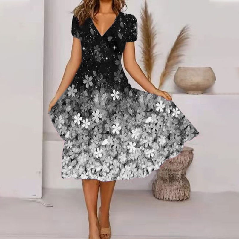 Flowing Patterned V-Neck Dress