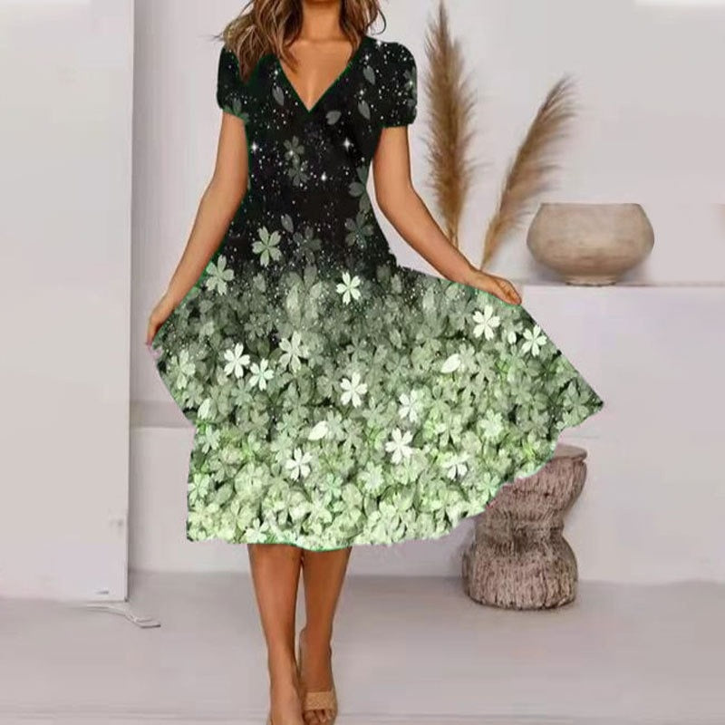 Flowing Patterned V-Neck Dress
