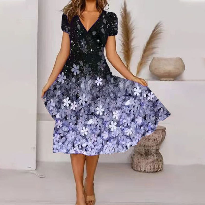 Flowing Patterned V-Neck Dress