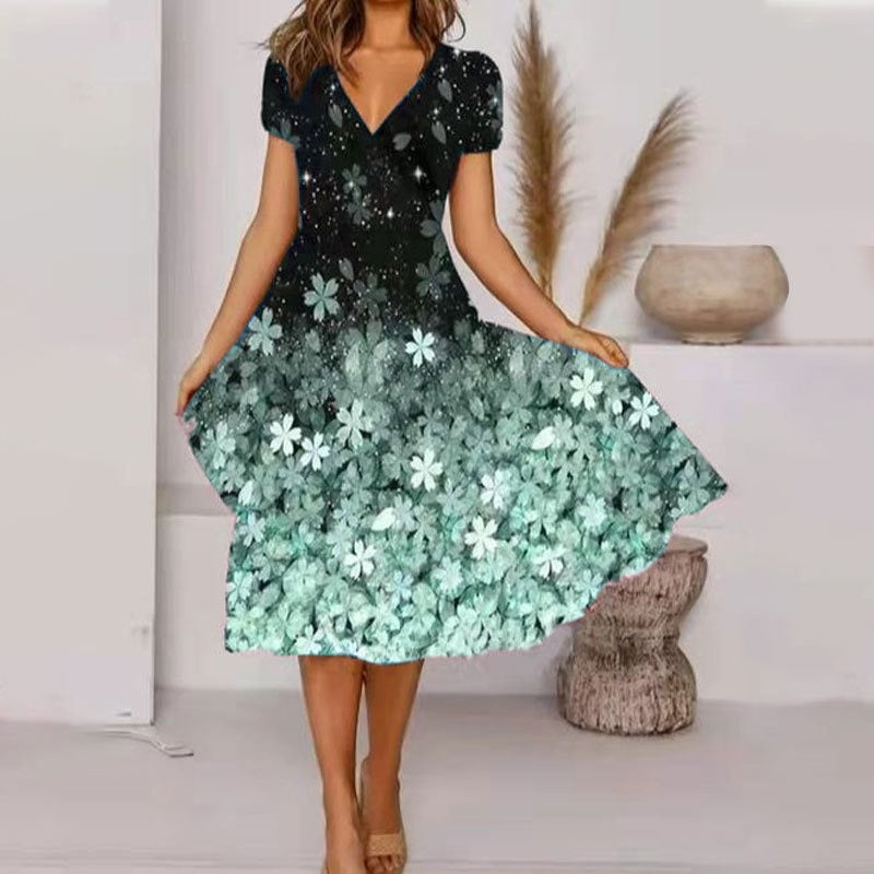Flowing Patterned V-Neck Dress