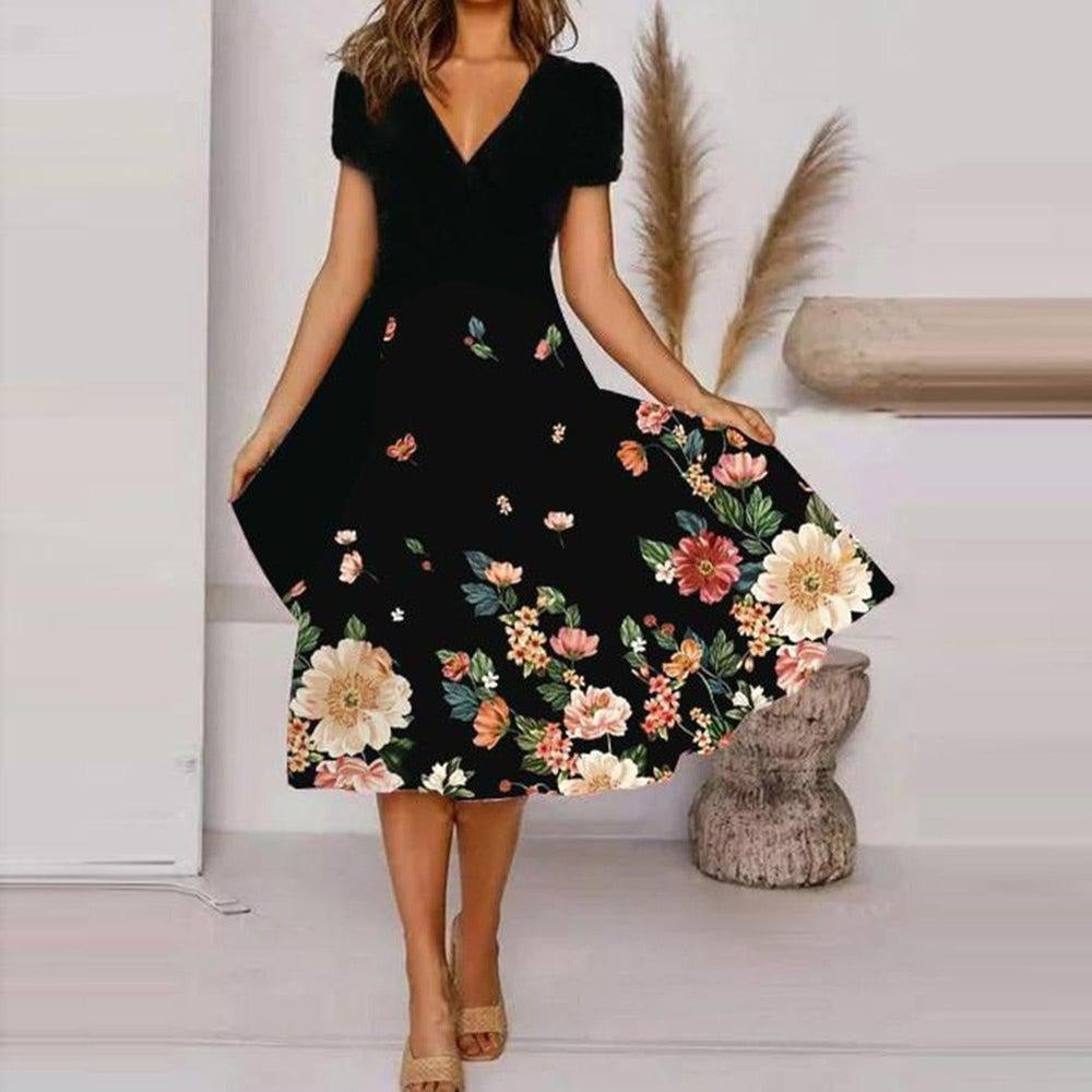 Flowing Patterned V-Neck Dress