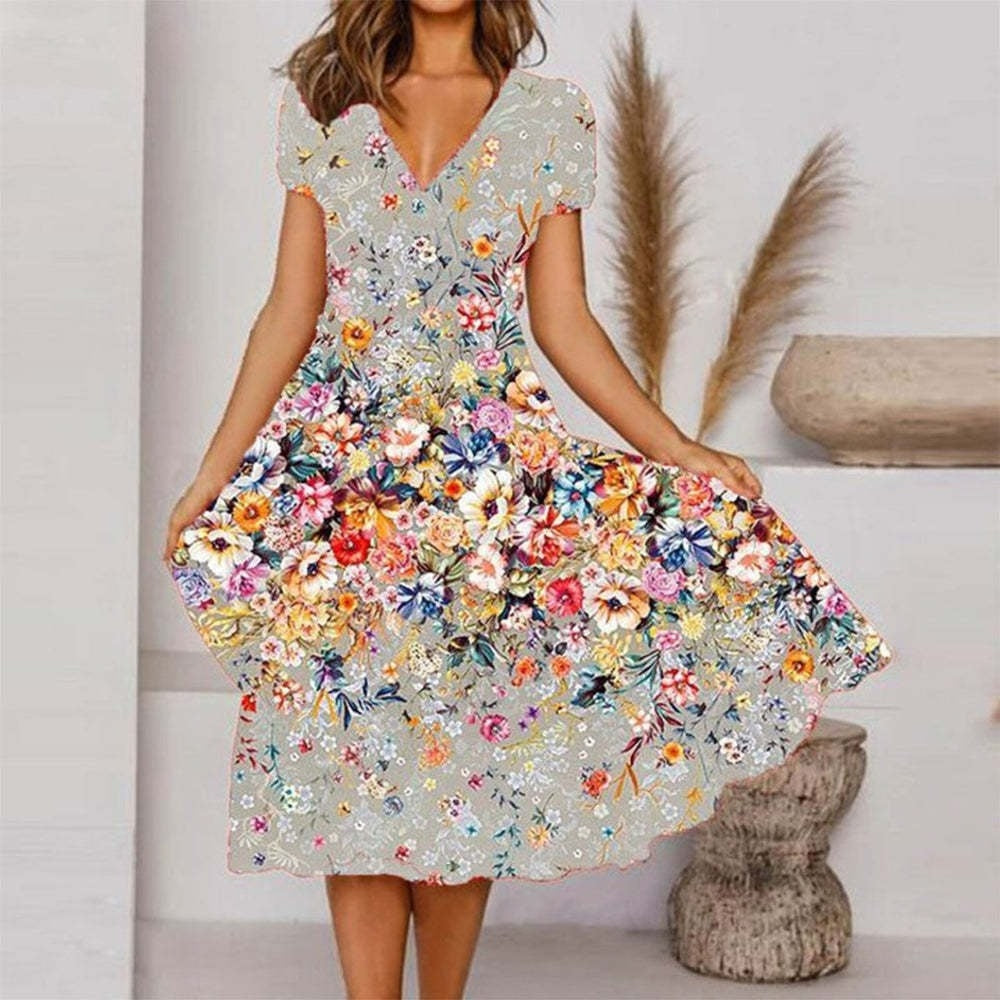 Flowing Patterned V-Neck Dress
