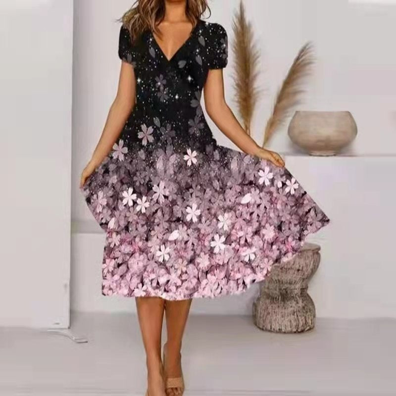 Flowing Patterned V-Neck Dress