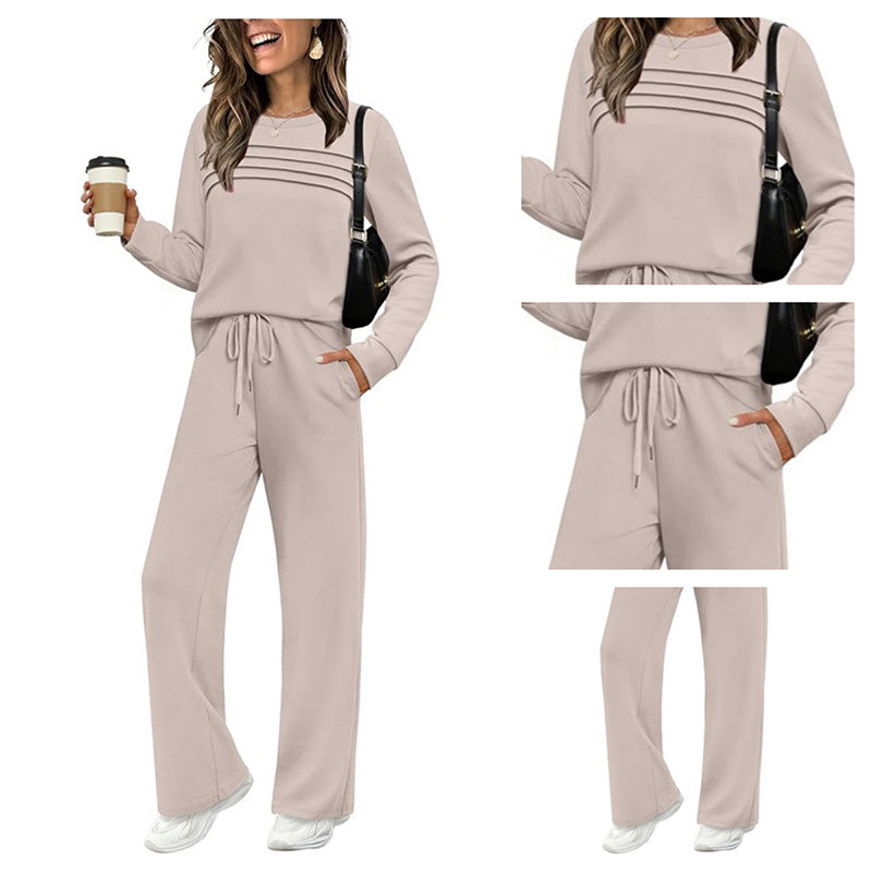 Casual Crew Neck Top & Drawstring Pants Set