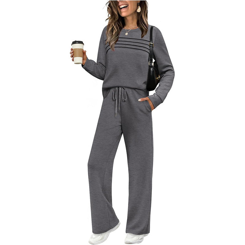 Casual Crew Neck Top & Drawstring Pants Set