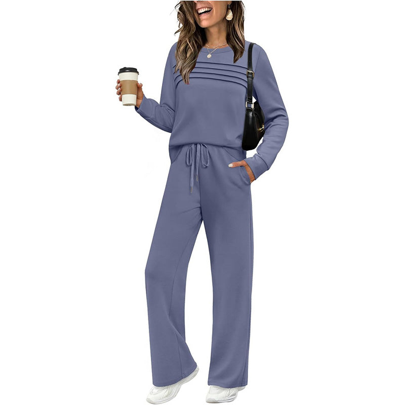 Casual Crew Neck Top & Drawstring Pants Set