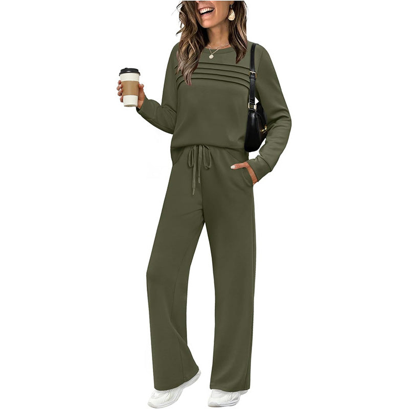 Casual Crew Neck Top & Drawstring Pants Set