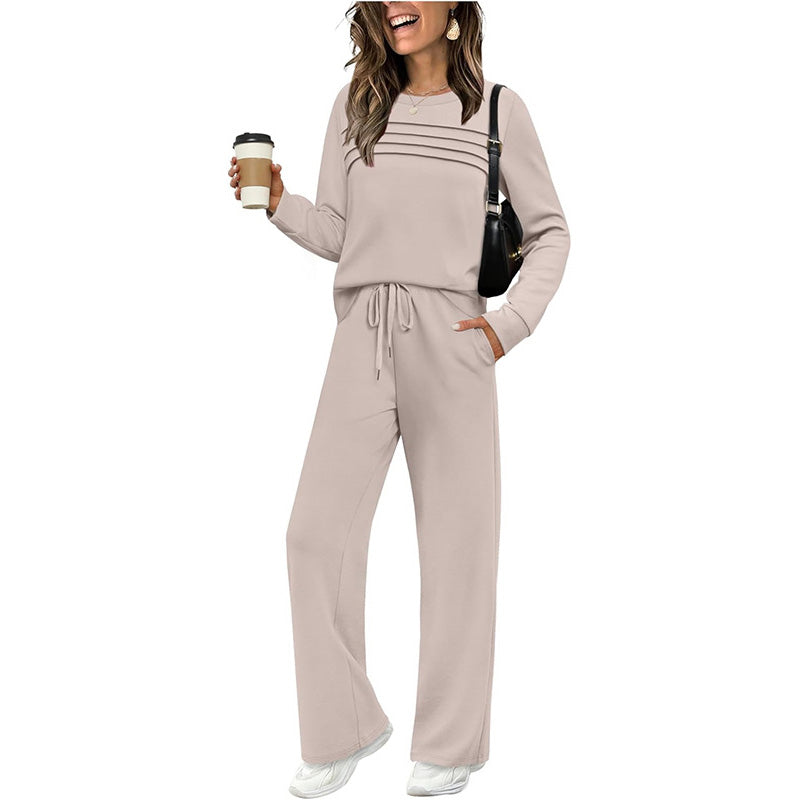 Casual Crew Neck Top & Drawstring Pants Set