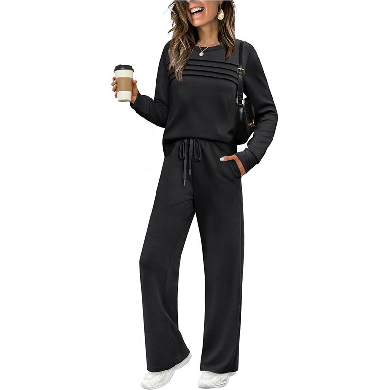 Casual Crew Neck Top & Drawstring Pants Set